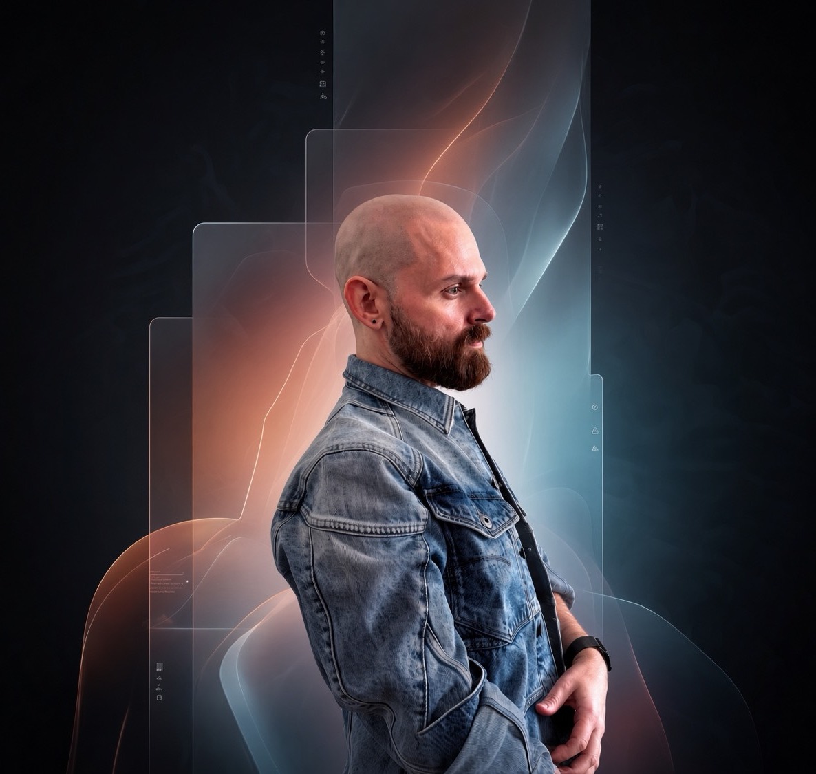 Aiden James in a denim jacket, photographed in profile against glass panels